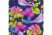 Spring garden seamless pattern. Natural illustration with blossom flower, robin birdie and butterfly