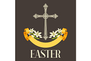 Silhouette of ornate cross with lilies. Happy Easter concept illustration or greeting card. Religious symbols of faith