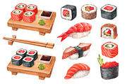 Watercolor illustrations of sushi