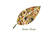Cute leaf shape logo from nuts, dried fuits, grains and cereals. Unusual design for eco food shop or green store. Vector