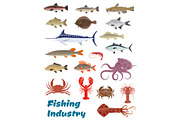 Vector fresh fish catch icons for fishery industry