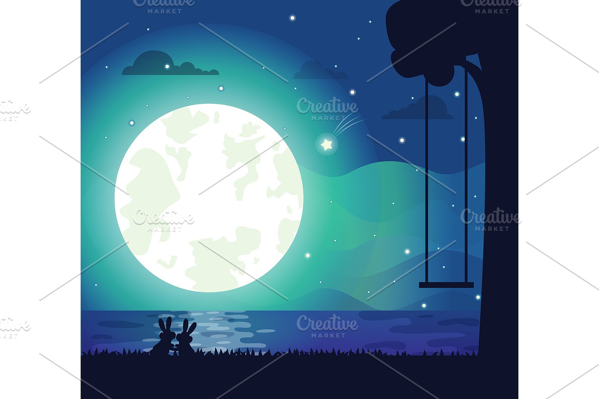 Moon and River Silhouette Vector Illustration in Illustrations - product preview 8