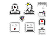 Sticker style pixel art. social icons, silhouette of man, vip with crown golden, buttons blog.