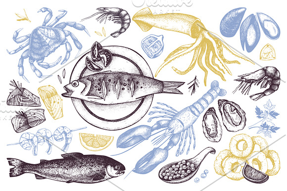 Vintage Seafood Sketch Collection in Illustrations - product preview 1