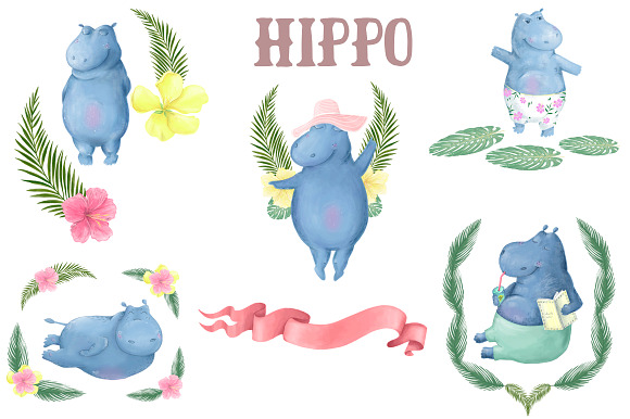 Hippo Beach Travel. Summer Set in Illustrations - product preview 8