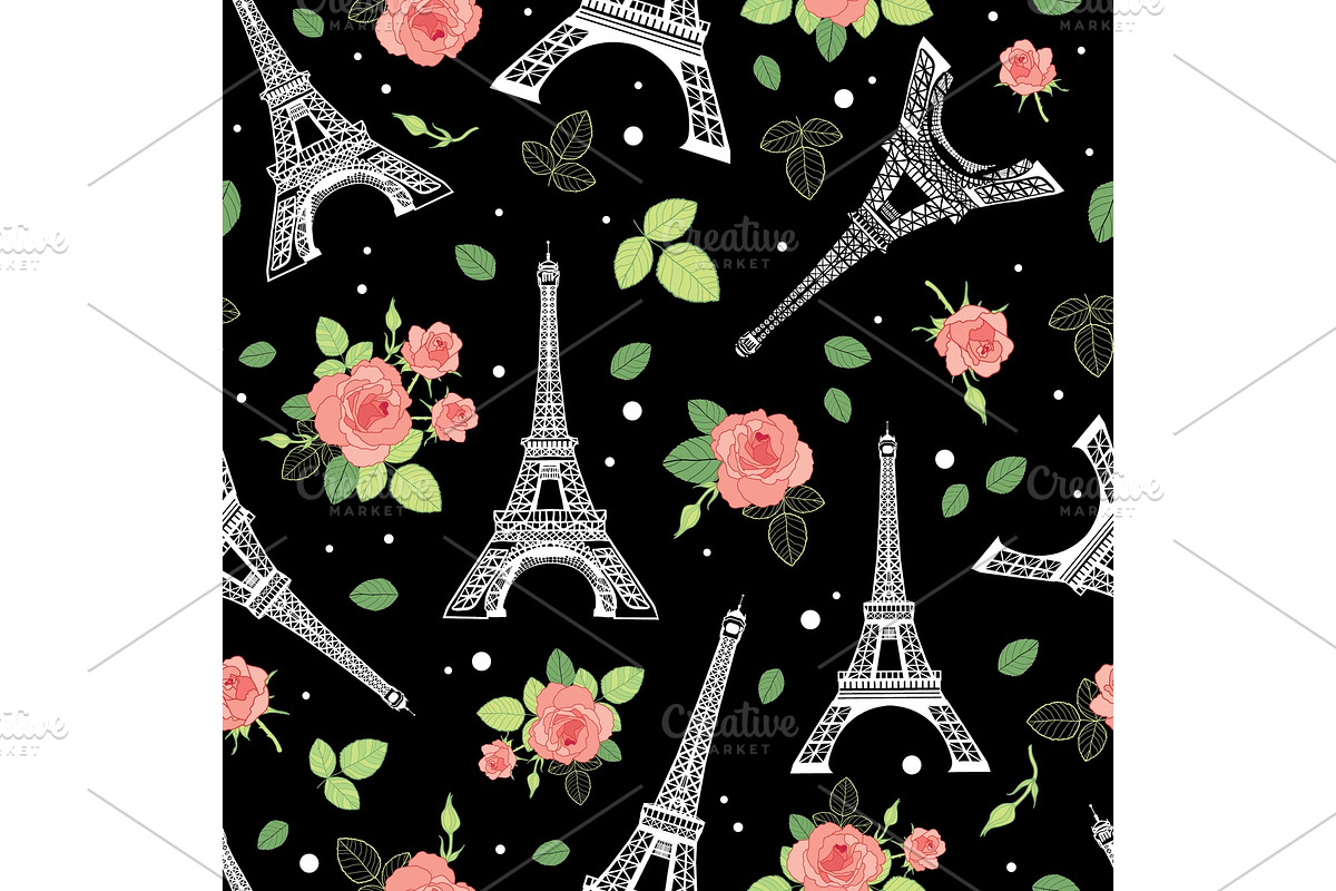 Vector Black Pink Eifel Tower Paris and Roses Flowers Seamless Repeat Pattern Surrounded By St Valentines Day Hearts Of Love. Perfect for travel themed postcards, greeting cards, wedding invitations. in Illustrations - product preview 8