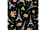Vector Black Pink Eifel Tower Paris and Roses Flowers Seamless Repeat Pattern Surrounded By St Valentines Day Hearts Of Love. Perfect for travel themed postcards, greeting cards, wedding invitations.
