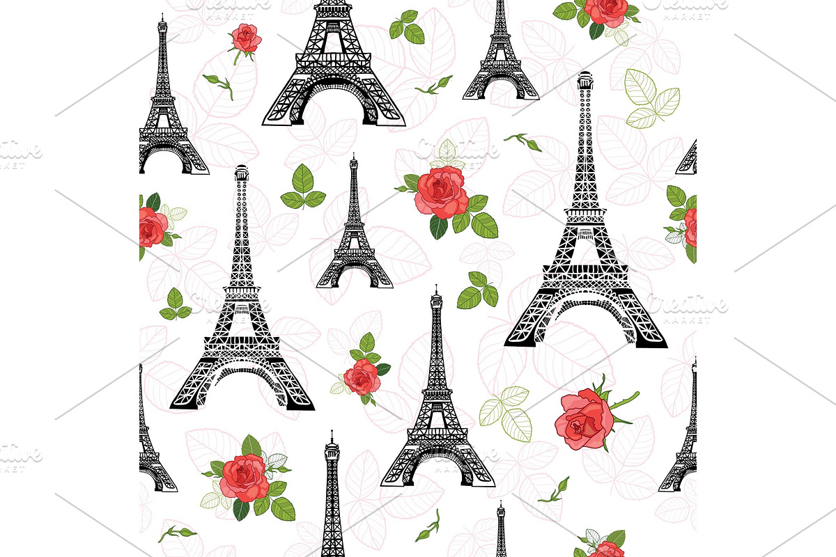 Vector Black Red Eifel Tower Paris and Roses Flowers Seamless Repeat Pattern Surrounded By St Valentines Day Hearts Of Love. Perfect for travel themed postcards, greeting cards, wedding invitations. in Illustrations - product preview 8