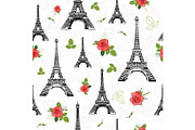 Vector Black Red Eifel Tower Paris and Roses Flowers Seamless Repeat Pattern Surrounded By St Valentines Day Hearts Of Love. Perfect for travel themed postcards, greeting cards, wedding invitations.