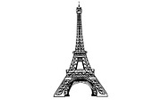 Vector sketch black Eifel Tower hand drawn landmark symbol of Paris, France. Great for french invitations, greeting cards, postcards, gifts.