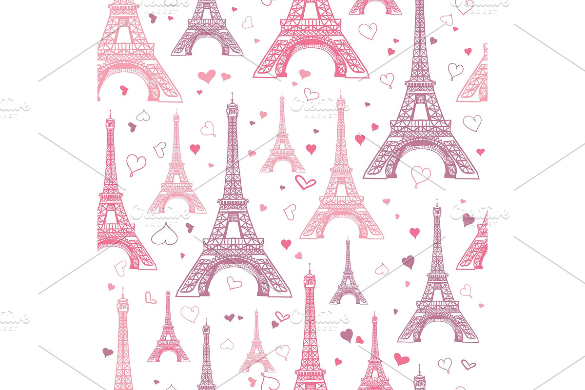 Vector Romantic Pink Eifel Tower Paris Seamless Repeat Pattern Surrounded By St Valentines Day Hearts Of Love. Perfect for travel themed postcards, greeting cards, wedding invitations. in Illustrations - product preview 8