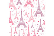 Vector Romantic Pink Eifel Tower Paris Seamless Repeat Pattern Surrounded By St Valentines Day Hearts Of Love. Perfect for travel themed postcards, greeting cards, wedding invitations.