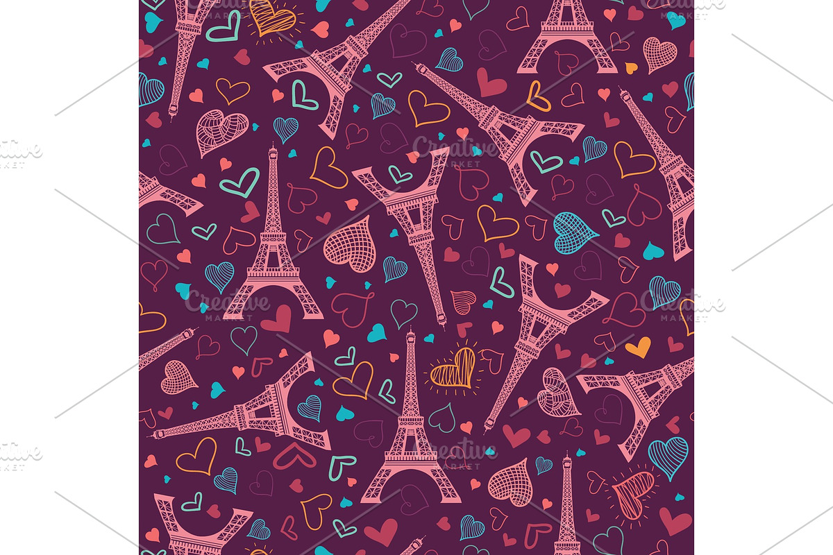Vector Pink Eifel Tower Paris Seamless Repeat Pattern Surrounded By St Valentines Day Hearts Of Love. Perfect for travel themed postcards, greeting cards, wedding invitations. in Illustrations - product preview 8
