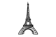 Vector doodle black Eifel Tower hand drawn landmark symbol of Paris, France. Great for french invitations, greeting cards, postcards, gifts.