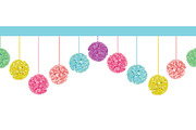 Vector Fun Set of Hanging Pastel Colorful Birthday Party Paper Pom Poms Set Horizontal Seamless Repeat Border Pattern. Great for handmade cards, invitations, wallpaper, packaging, nursery designs.