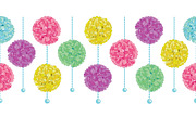 Vector Party Set of Hanging Pastel Colorful Birthday Party Paper Pom Poms and Beads Horizontal Seamless Repeat Border Pattern. Great for handmade cards, invitations, wallpaper, packaging, nursery designs.