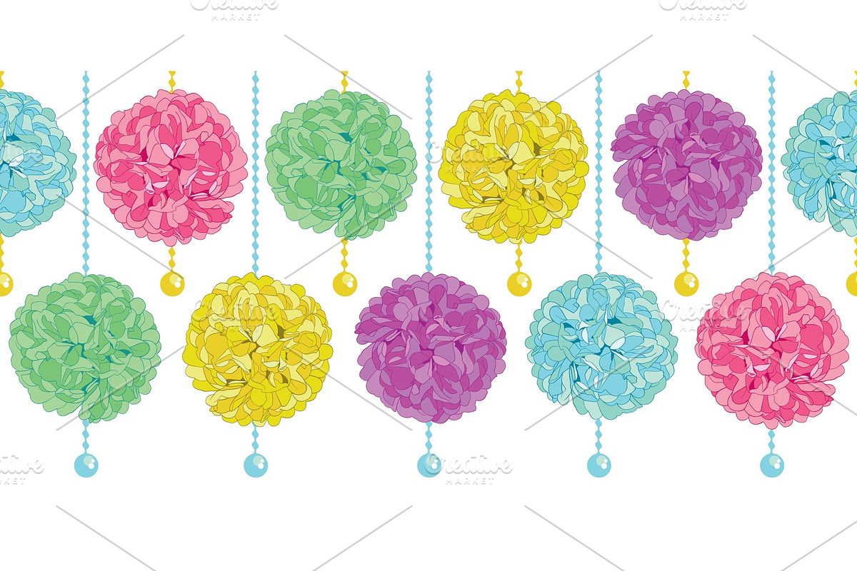 Vector Cute Set of Hanging Pastel Colorful Birthday Party Paper Pom Poms and Beads Horizontal Seamless Repeat Border Pattern. Great for handmade cards, invitations, wallpaper, packaging, nursery designs. in Illustrations - product preview 8