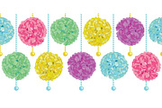 Vector Cute Set of Hanging Pastel Colorful Birthday Party Paper Pom Poms and Beads Horizontal Seamless Repeat Border Pattern. Great for handmade cards, invitations, wallpaper, packaging, nursery designs.