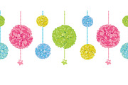 Vector Cute Set of Hanging Pastel Colorful Birthday Party Paper Pom Poms and Stars Horizontal Seamless Repeat Border Pattern. Great for handmade cards, invitations, wallpaper, packaging, nursery designs.