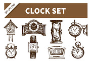Clock & Watch Hand Drawn Vintage Set