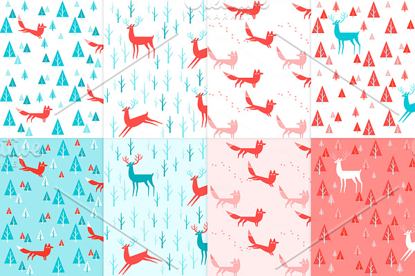 8 foxes and deers seamless patterns