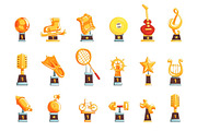 Cartoon golden trophy cups, awards and achievements set of vector Illustrations