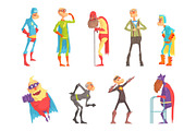 Funny elderly superman cartoon characters in action set of vector Illustrations