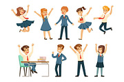 Cute pupils in blue school uniform having fun at school set, back to school, education concept colorful vector Illustrations