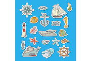 Vector colorful sketched sea elements stickers