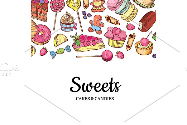 Vector hand drawn colored sweets shop or confectionary background