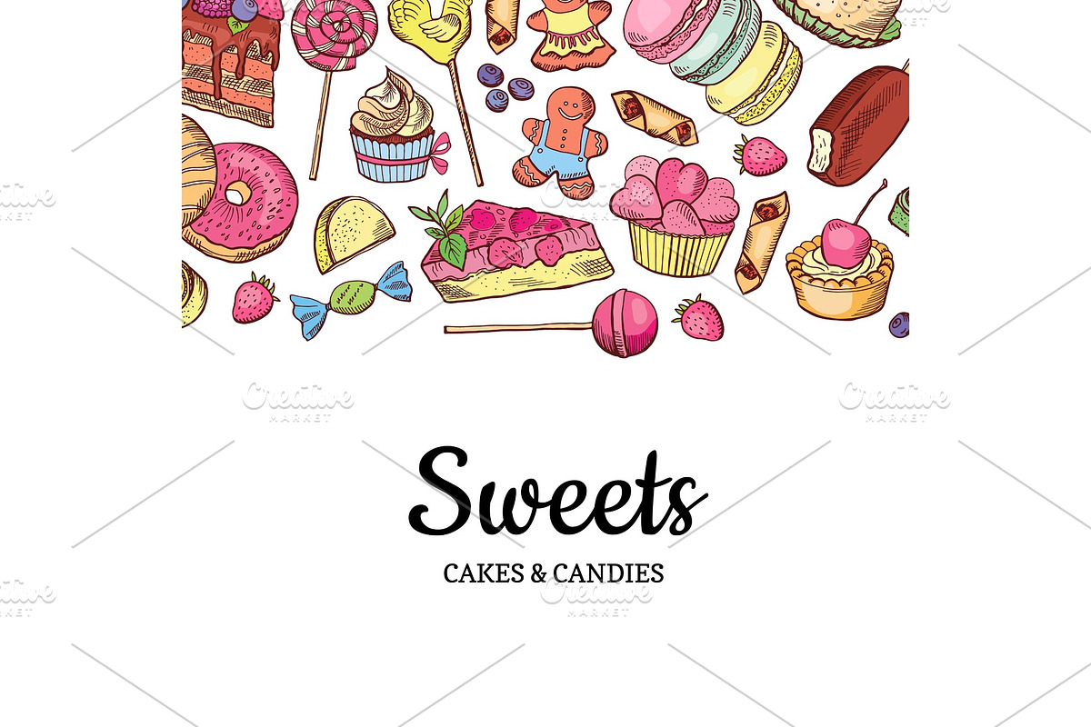 Vector hand drawn colored sweets shop or confectionary background in Graphics - product preview 8