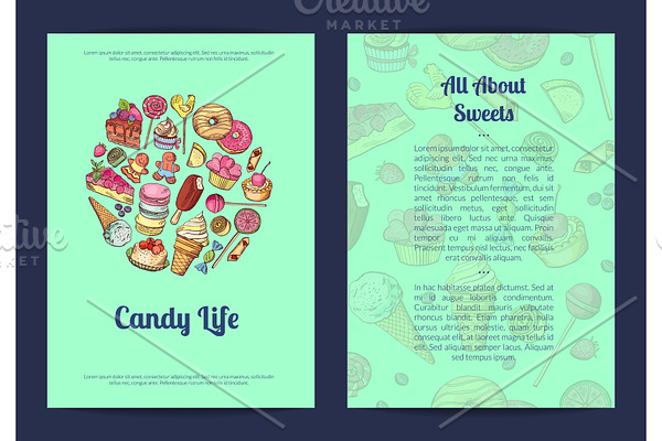 Vector hand drawn sweets, pastry shop or confectionary