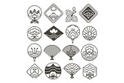 Japanese Monochrome Icons Set with Ethnic Motifs