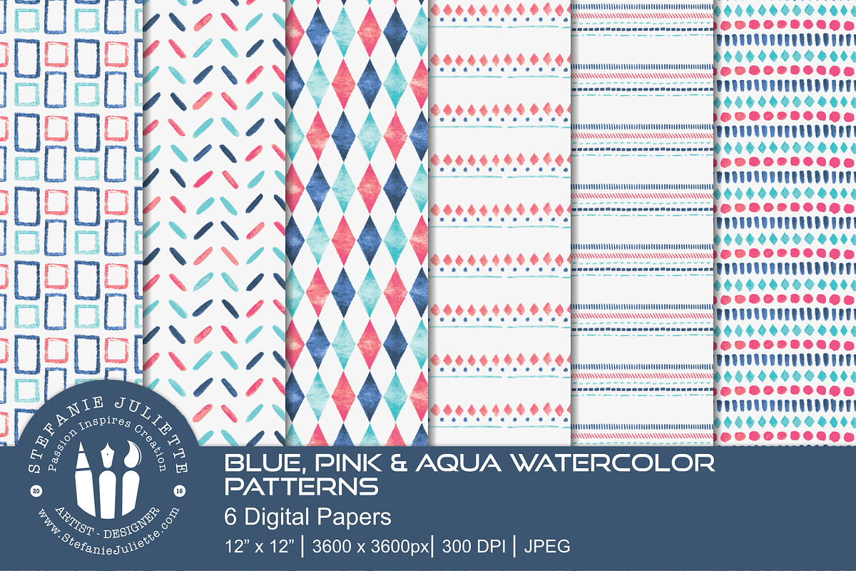 Blue, Pink & Aqua Watercolor Pattern in Patterns - product preview 8