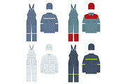 Vector illustration of men s overalls. Clothes in denim style, white, blue. Uniform for a worker, mechanic, driver, loader, mechanic.