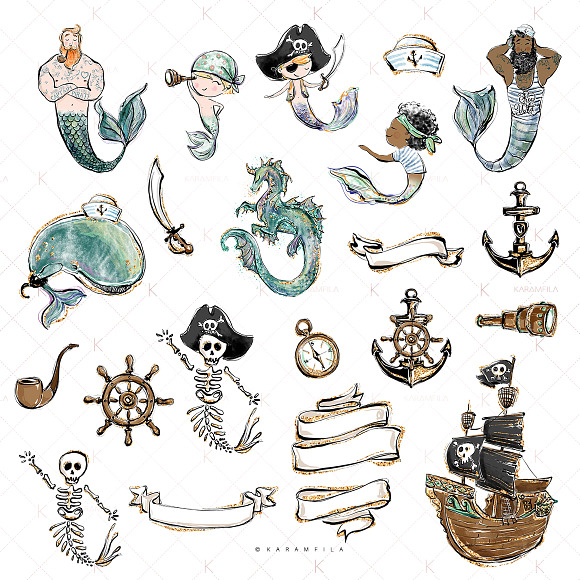 Merboy Pirate Clipart in Illustrations - product preview 3