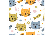 Childish seamless pattern with hand drawn cute cats. Scandinavian style. Childish texture for fabric.