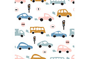 Childish seamless pattern with hand drawn cute car. Scandinavian style. Childish texture for fabric.