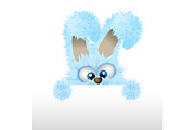 Blue Easter bunny is looking out. Fluffy rabbit. Vector illustration with copyspace or textarea.