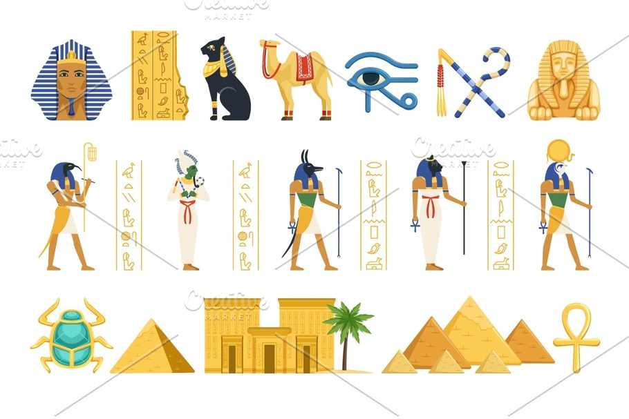 Egypt set, Egyptian ancient symbols of the power of pharaohs and gods colorful vector Illustrations