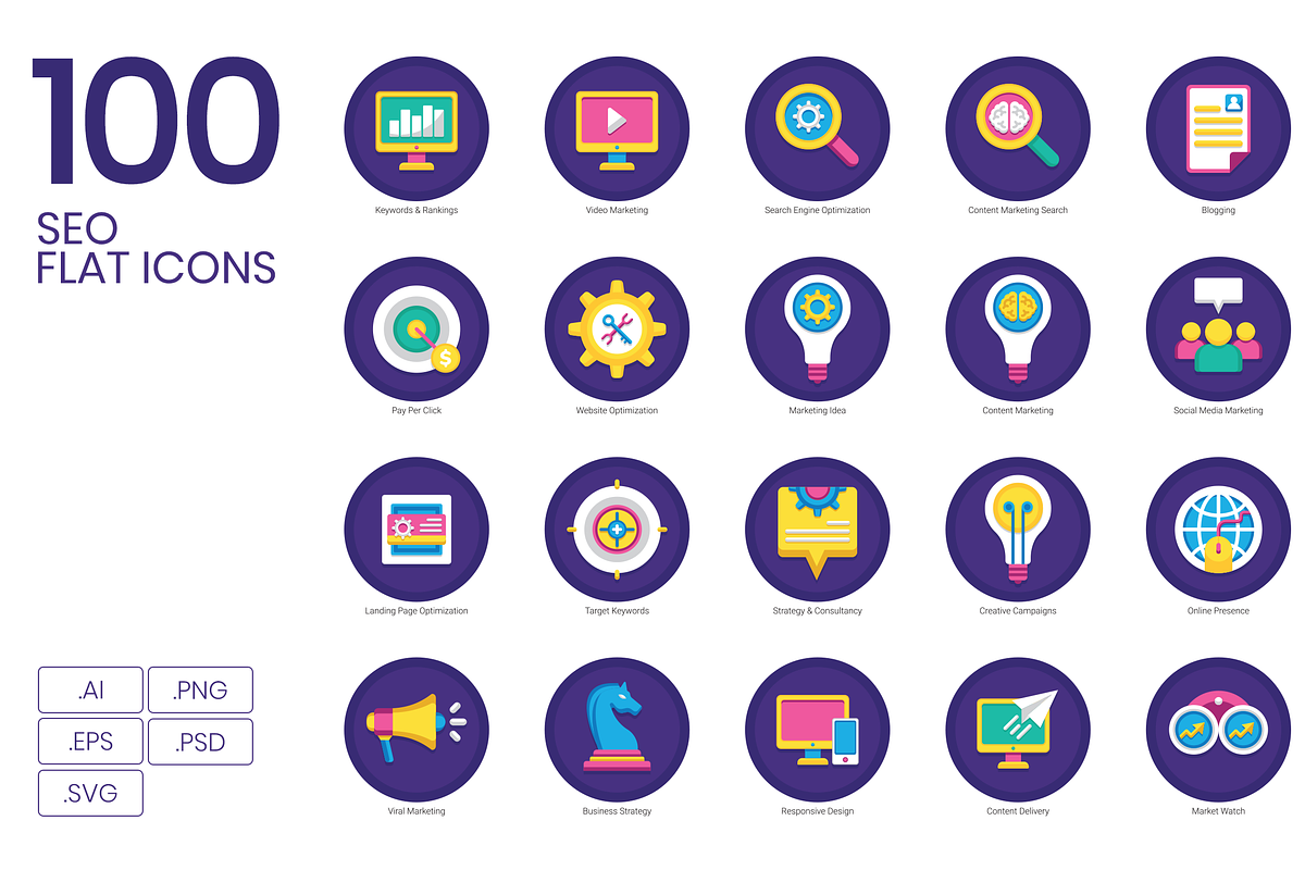100 SEO & Marketing Flat Icons in Marketing Icons - product preview 8