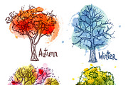 Watercolor year seasons tree set