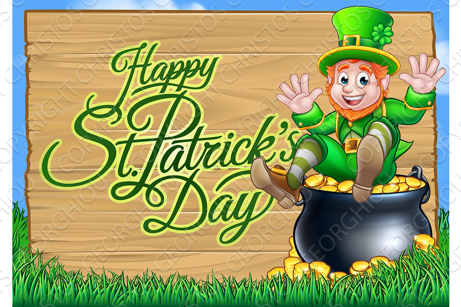 St Patricks Day Leprechaun and Pot of Gold Sign in Illustrations - product preview 8