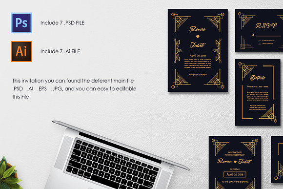 7 Art Deco Wedding Invitation in Wedding Templates - product preview 3