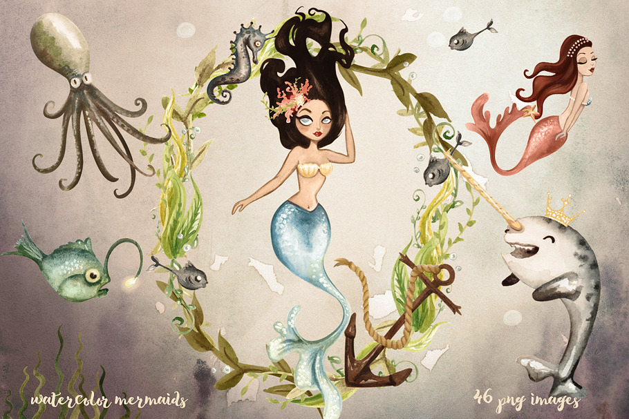 Watercolor Mermaids Collection in Illustrations - product preview 8