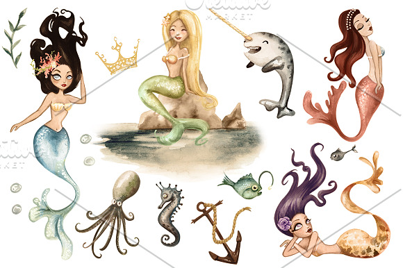Watercolor Mermaids Collection in Illustrations - product preview 1