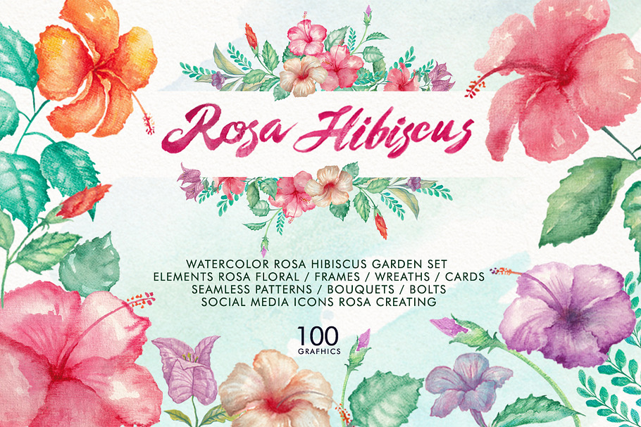 Watercolor Hibiscus Flowers in Illustrations - product preview 8