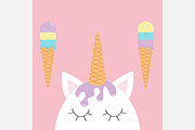 Cute unicorn head face.  Ice cream. 