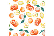 watercolor drawing set of tropical fruits, citrus aquarelle painting on white background