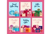 Vector set of cards with piles of gift boxes with place for text